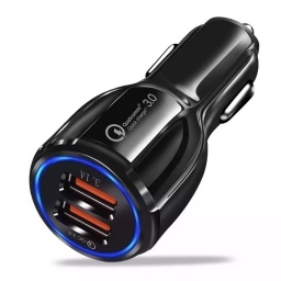 CARGADOR RAPIDO PARA AUTO DOBLE USB 2 FAST CHARGER QC 3.0, NEGRO