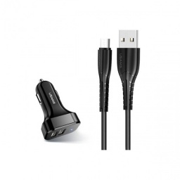 CARGADOR AUTO 2 USB 2.1A CABLE MICROUSB NEGRO USAMS