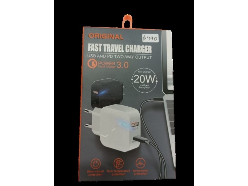 CARGADOR FAST TRAVEL PUERTO USB Y TIPO C