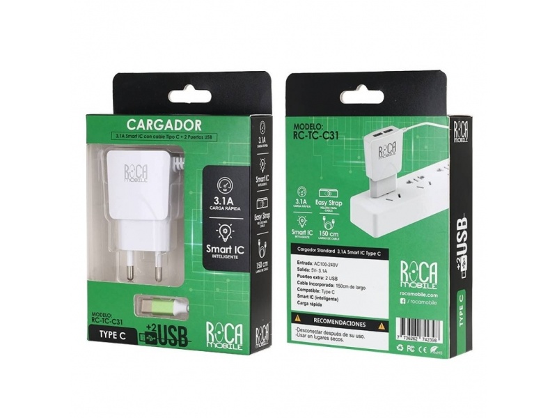 CARGADOR INTELIGENTE ROCA 3.1A 2 USB TIPO C