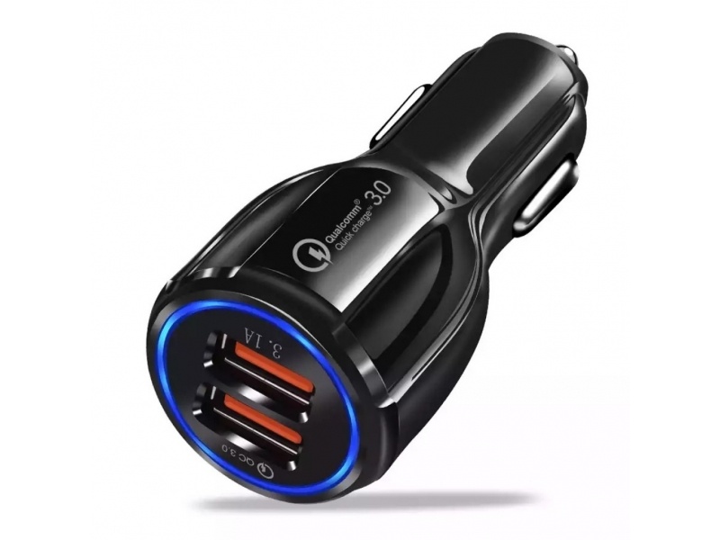 CARGADOR RAPIDO PARA AUTO DOBLE USB 2 FAST CHARGER QC 3.0, NEGRO