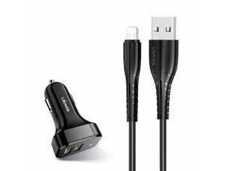 CARGADOR AUTO 2 USB 2.1A CABLE LIGHTNING NEGRO USAMS C13