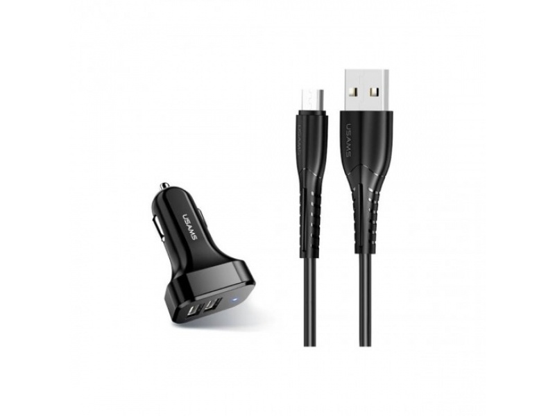 CARGADOR AUTO 2 USB 2.1A CABLE MICROUSB NEGRO USAMS