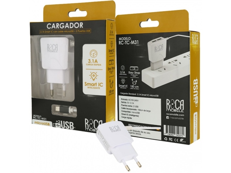 CARGADOR INTELIGENTE ROCA 3.1A 2USB MICROUSB